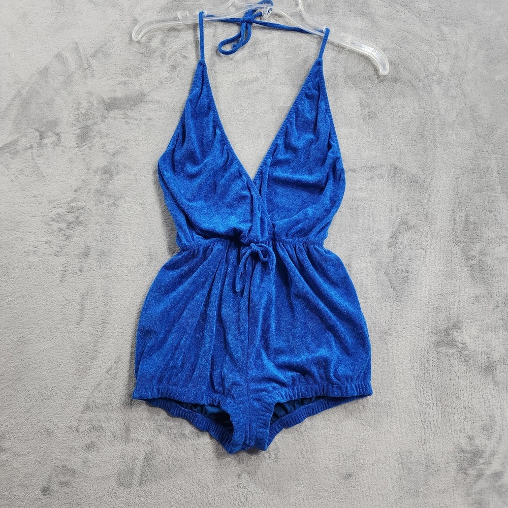 Vintage Romper Womens XS Blue Terry Cloth Plunge Halter Beach Playsuit Swim 70s